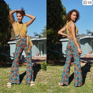 Free People Teal and Red Floral Pants